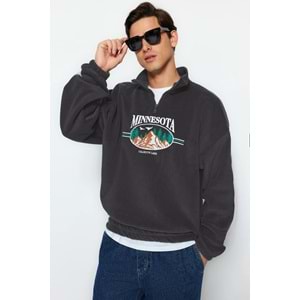 Trendyolmilla Man Antrasit Unisex Oversize/Geniş Kesim Dik Yaka Anti-pilling Polar Sweatshirt
