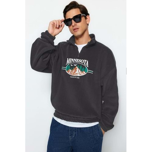 Trendyolmilla Man Antrasit Unisex Oversize/Geniş Kesim Dik Yaka Anti-pilling Polar Sweatshirt
