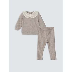LCW baby Bej Bebe Yaka Kız Bebek Sweatshirt Ve Tayt 2'li