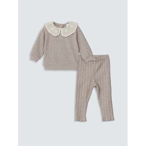 LCW baby Bej Bebe Yaka Kız Bebek Sweatshirt Ve Tayt 2'li