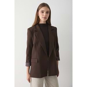 JASTE Kadın Acı Kahve Çizgili İçi Astarlı Kol Detaylı Blazer Ceket