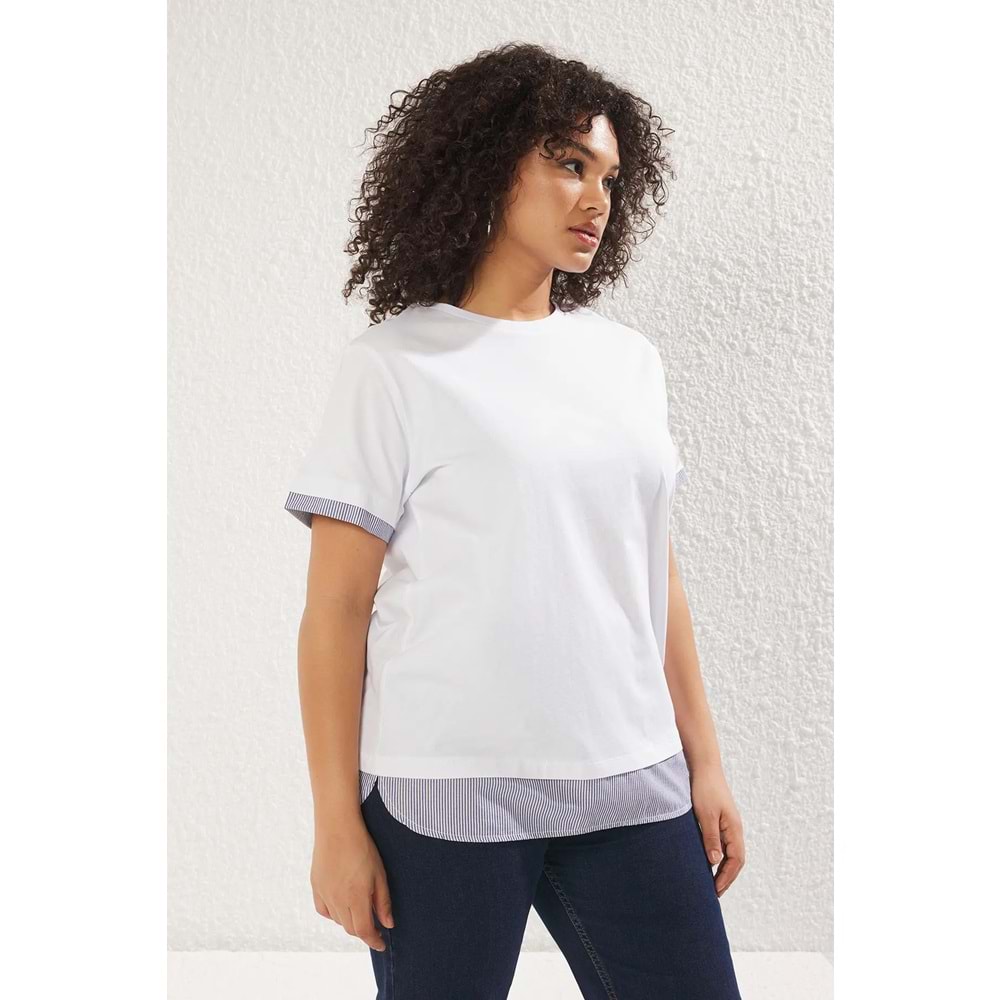 Trendyolmilla Curve Beyaz Yaka ve Etek Ucunda Çizgili Poplin Detaylı Örme Büyük Beden T-shirt TBBSS25BF00003