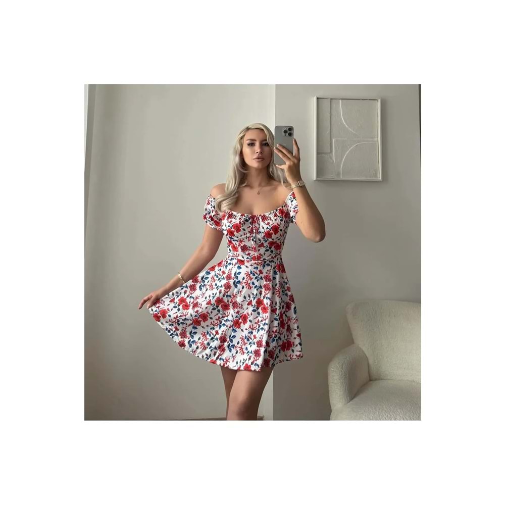 Zora Butik Madonna Yaka Çiçek Desen Elbise