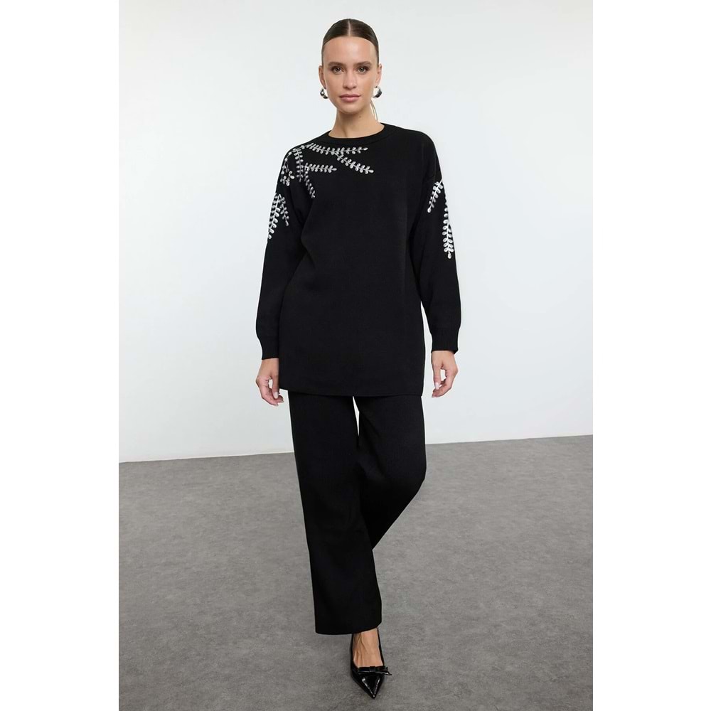Trendyolmilla Modest Siyah Payet İşlemeli Triko Alt-Üst Takım