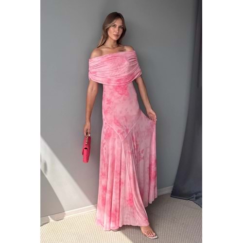 Trendyolmilla Pembe A Kesim Çiçek Desenli Carmen Yaka Maxi Şık Abiye Gece Mezuniyet Elbisesi TPRSS25EL00320