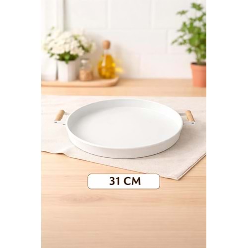 | Sunum Tepsisi| Metal tepsi | Ahşap Kulplu | 31 cm | Beyaz | Yuvarlak