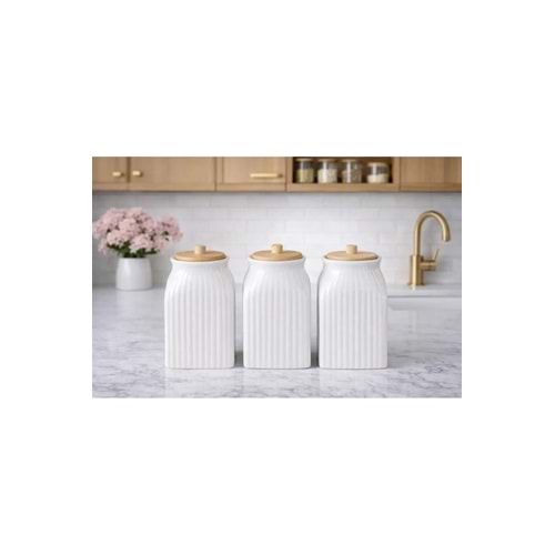 Bambu Vakum Kapaklı Porselen 1000 ml Çay Şeker Tuz Kahve Saklama Kavanoz Seti Bakliyat Kavanozu
