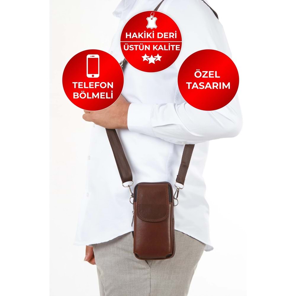 CERFF LEATHER CLUP Hakiki Deri Omuz Askılı Telefonluk & Kartlık