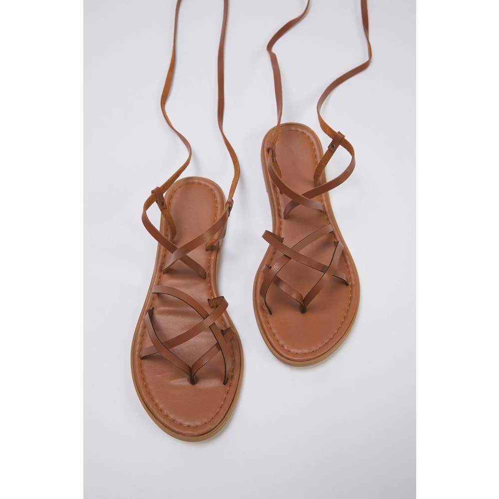 Trendyolmilla Shoes Taba Bilekten Bağlamalı Parmak Arası Kadın Sandalet