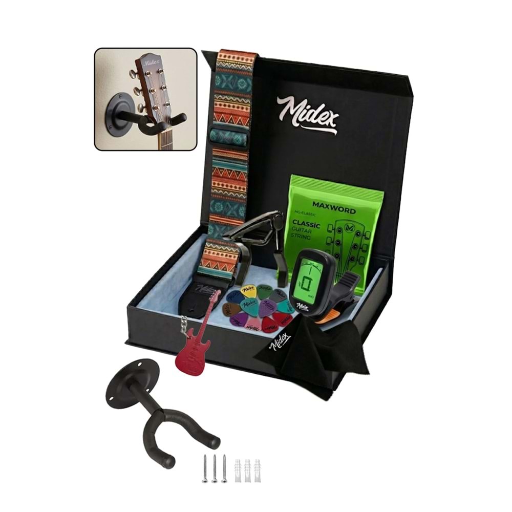 Midex AC-20 Gitar Aksesuar Seti Gitar Askı Capo Tuner Pena