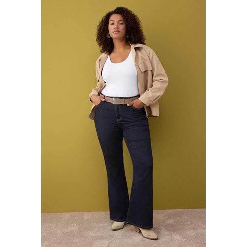 Koyu Mavi Yüksek Bel İspanyol Paça Denim Büyük Beden Flare Jeans
