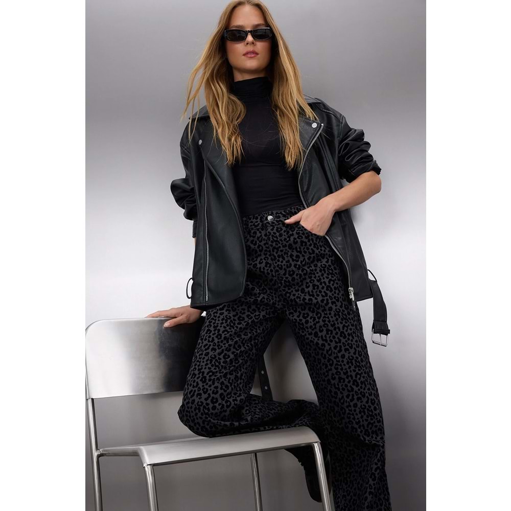 Leopar Desenli Yüksek Bel Wide Leg Jeans