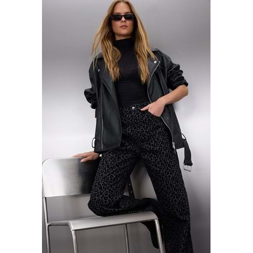 Leopar Desenli Yüksek Bel Wide Leg Jeans