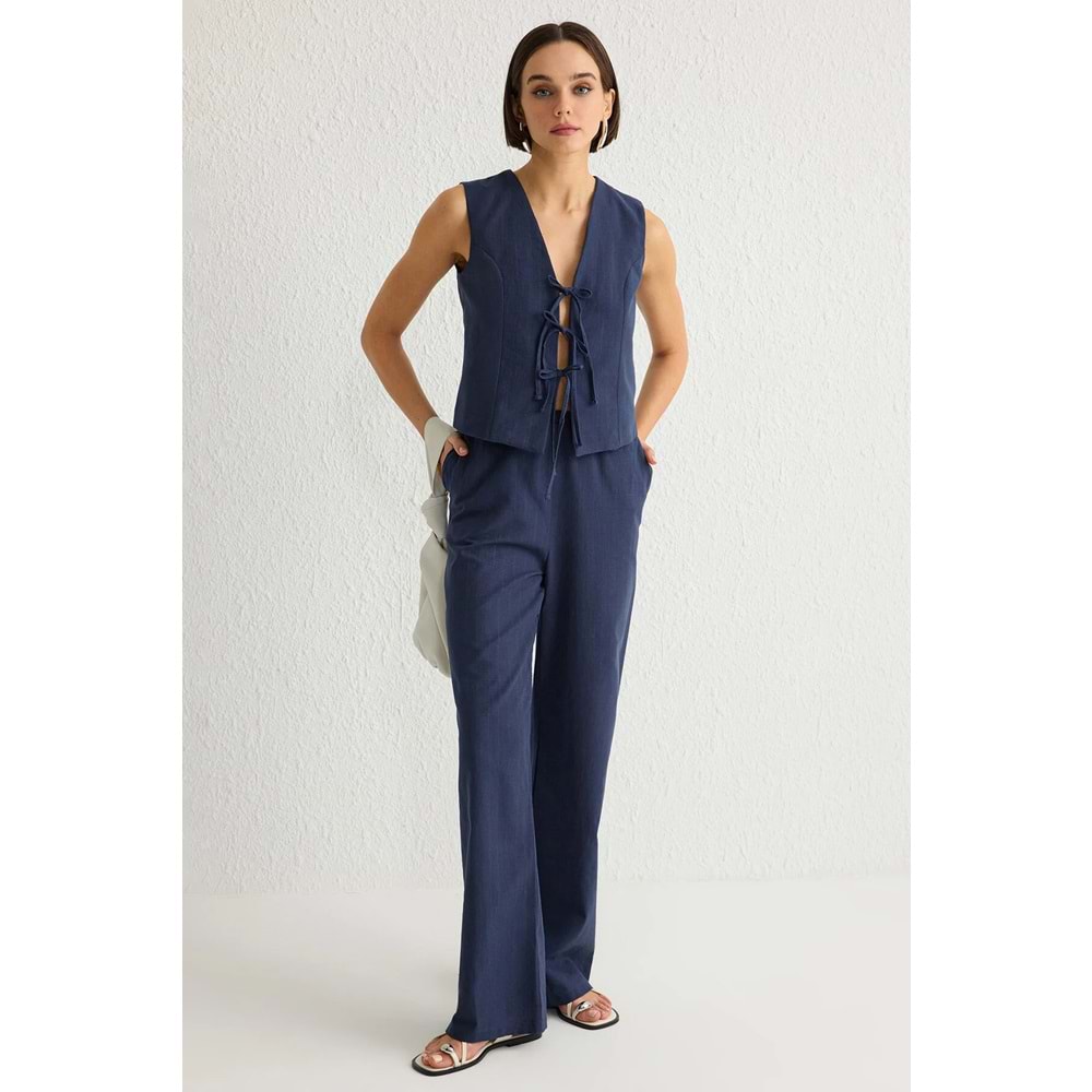 Trendyolmilla Lacivert Fiyonklu Keten Görünümlü Bluz Ve Wide Leg Pantolon Dokuma Alt-Üst Takım