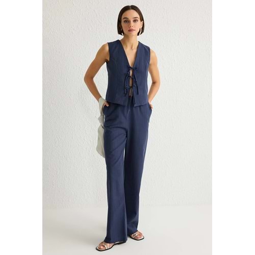 Trendyolmilla Lacivert Fiyonklu Keten Görünümlü Bluz Ve Wide Leg Pantolon Dokuma Alt-Üst Takım