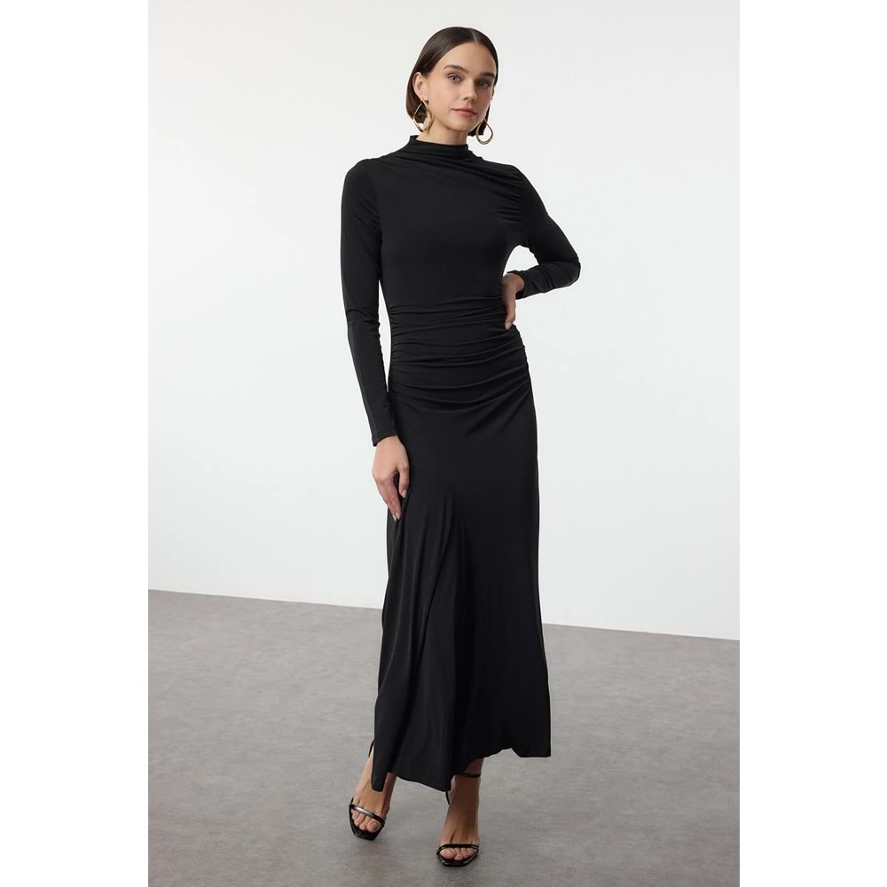 Trendyolmilla Siyah Fitted/Vücuda Oturan Dik Yaka Uzun Kollu Esnek Maxi Örme Elbise