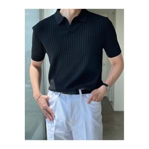 Tarz Cool Siyah Erkek Fitilli Polo Yaka Triko T-Shirt
