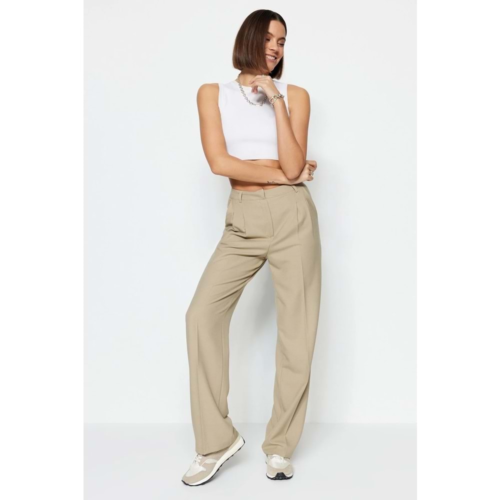 Trendyolmilla Vizon Straight/Düz Kesim Pilili Dokuma Kumaş Pantolon
