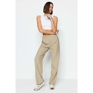Trendyolmilla Vizon Straight/Düz Kesim Pilili Dokuma Kumaş Pantolon