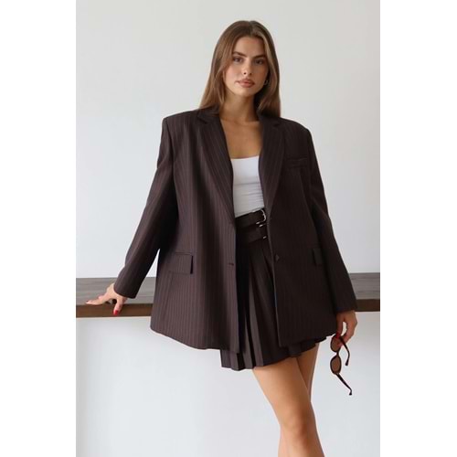 Trendyolmilla Kahverengi Koyu Mavi Çizgili Oversize Blazer Ceket