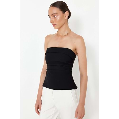 Trendyolmilla Siyah Straplez Fitted Drapeli Dokuma Bluz