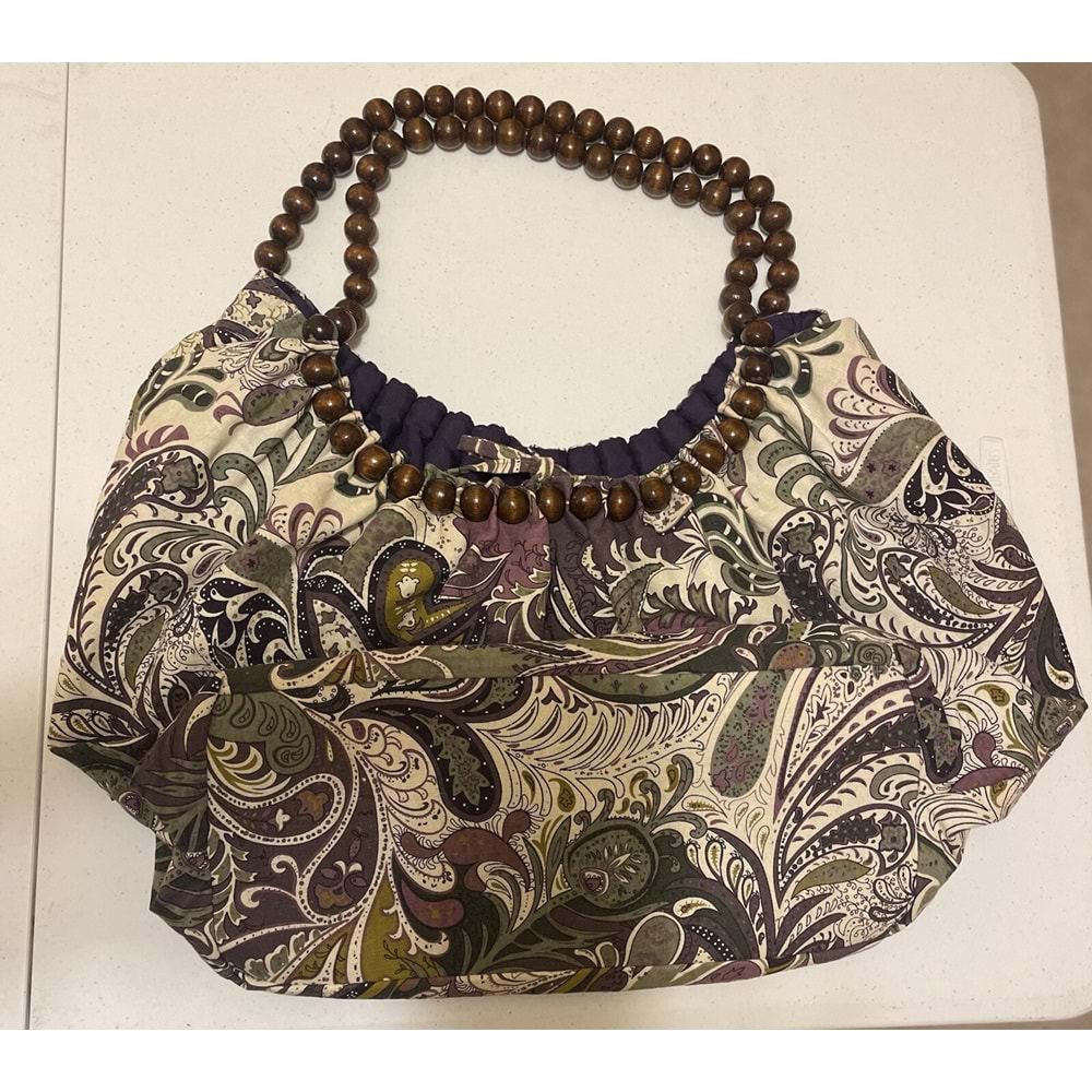 Büyük Boho Paisley Kova Tipi Çanta Yeşil ve Mor Boncuklu Sap