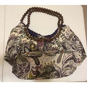 Büyük Boho Paisley Kova Tipi Çanta Yeşil ve Mor Boncuklu Sap