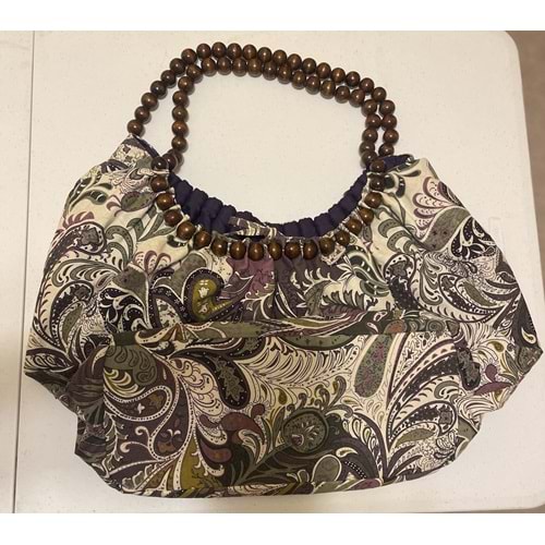 Büyük Boho Paisley Kova Tipi Çanta Yeşil ve Mor Boncuklu Sap