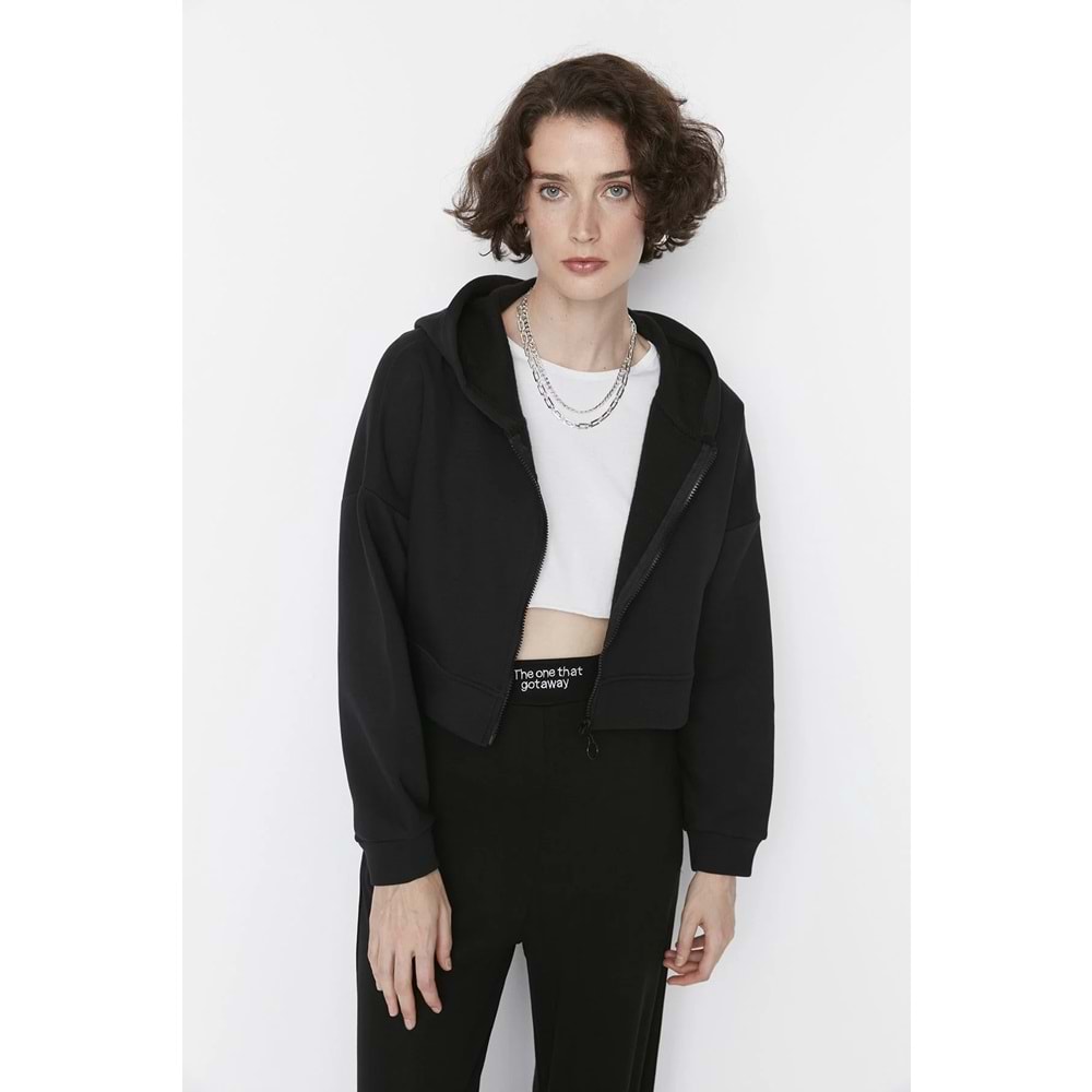 Trendyolmilla Siyah Basic Fermuarlı Kapüşonlu Crop Kalın İçi Polarlı Örme Sweatshirt
