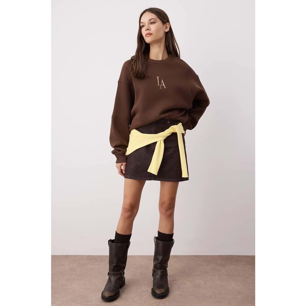 Trendyolmilla Kahverengi Bisiklet Yaka Regular Fit Nakışlı Kalın İçi Polarlı Örme Sweatshirt