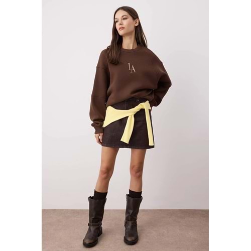 Trendyolmilla Kahverengi Bisiklet Yaka Regular Fit Nakışlı Kalın İçi Polarlı Örme Sweatshirt