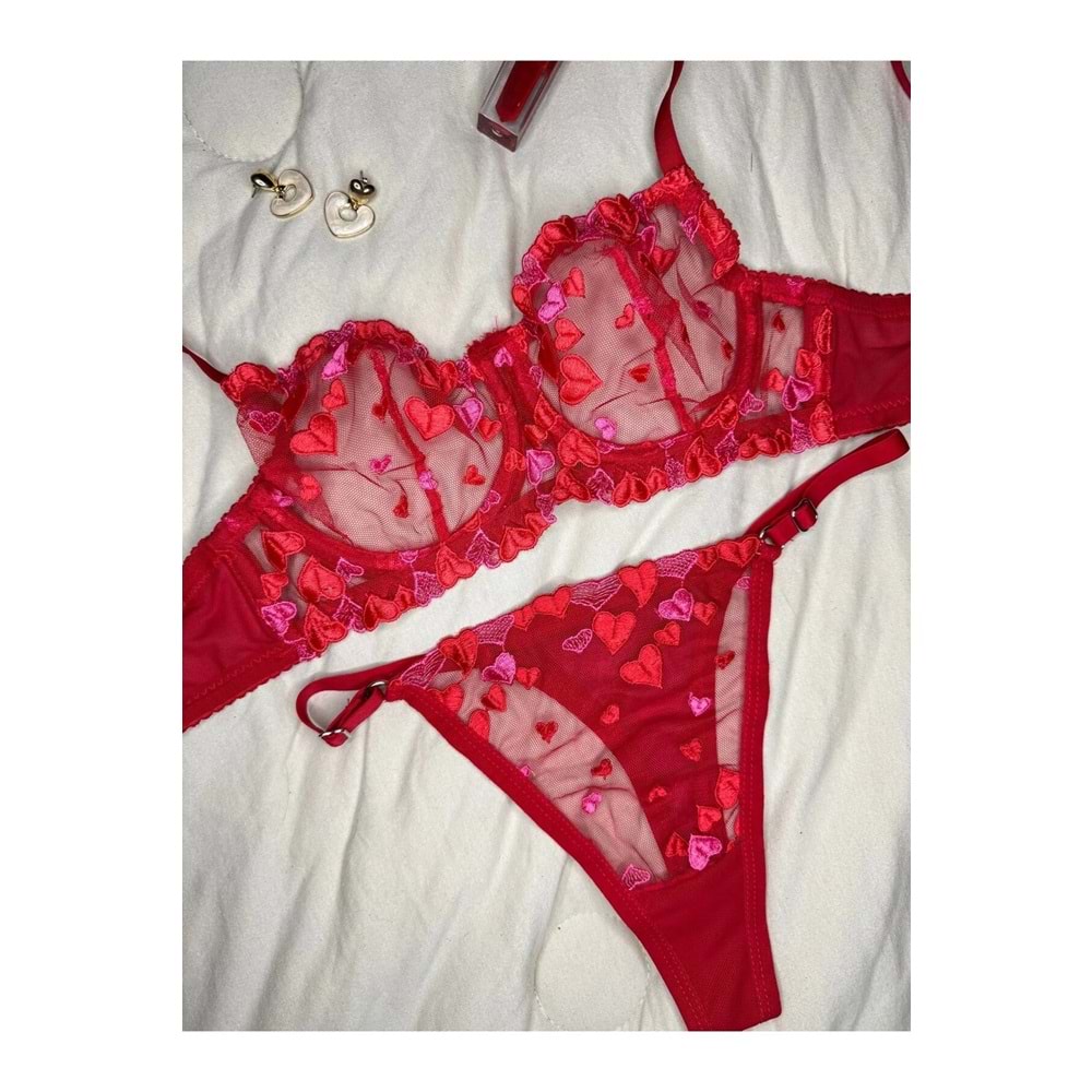 ROZENİN LINGERIE Kırmızı Kalpli Dantelli Kapsız Bralet Sütyen Takım (BÜYÜK VE KÜÇÜK BEDEN