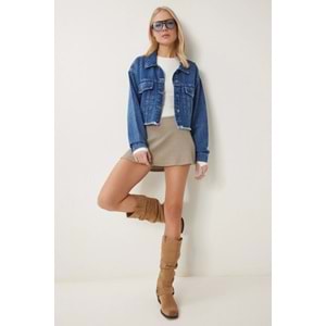Happiness İstanbul Kadın Mavi Püskül Detaylı Denim Crop Ceket