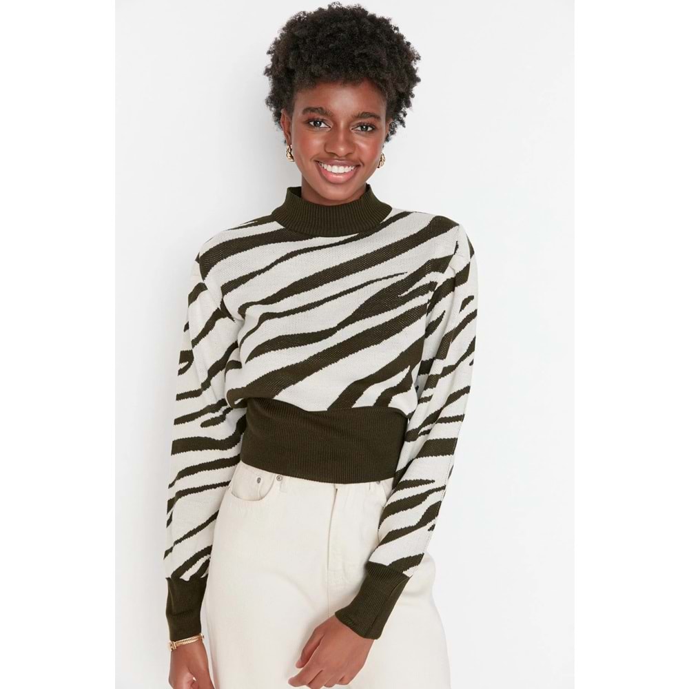 Haki Zebra Desenli Crop Triko Kazak