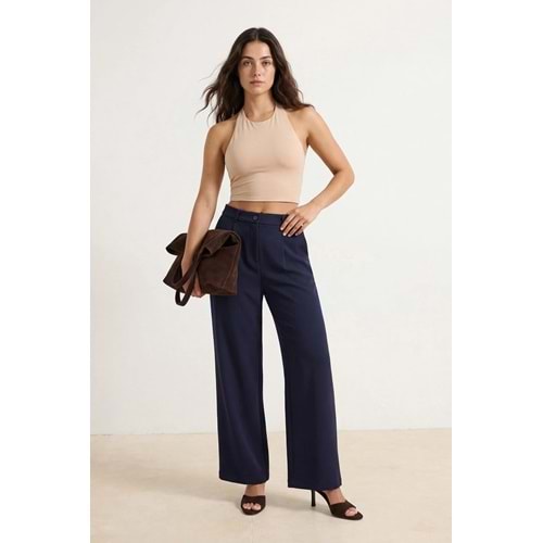 Trendyolmilla Koyu Lacivert Yüksek Bel Wide Leg Pantolon