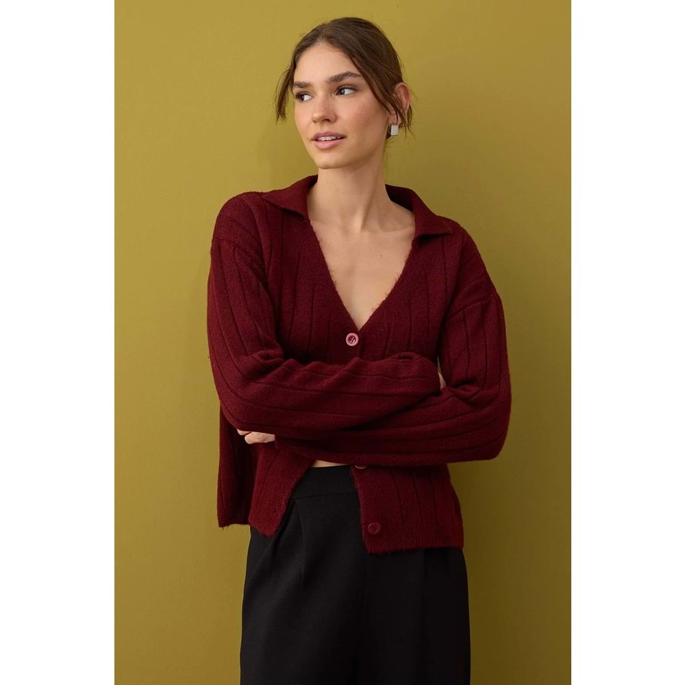 Trendyolmilla Bordo Yünlü Basic Triko Hırka