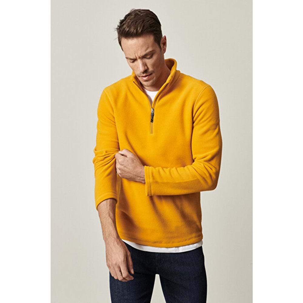 Altınyıldız Anti-Pilling Tüylenme Yapmayan Standart Fit Bato Yaka Soğuk Geçirmez Sweatshirt Sarı Polar