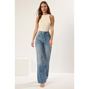 Trendyolmilla Mavi Yüksek Bel Wide Leg Geniş Paça %100 Pamuk Non-Stretch Jeans