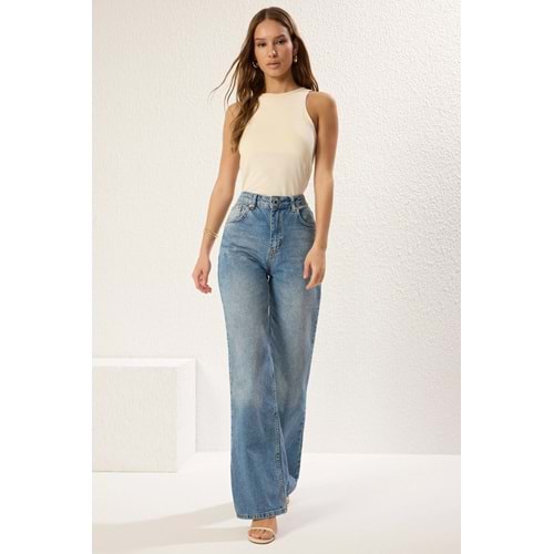 Trendyolmilla Mavi Yüksek Bel Wide Leg Geniş Paça %100 Pamuk Non-Stretch Jeans