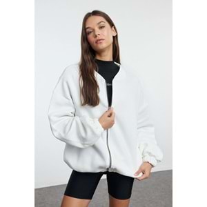 Ekru Fermuarlı Oversize/Geniş Kalıp Kalın İçi Polarlı Örme Sweatshirt
