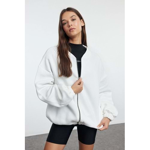 Ekru Fermuarlı Oversize/Geniş Kalıp Kalın İçi Polarlı Örme Sweatshirt