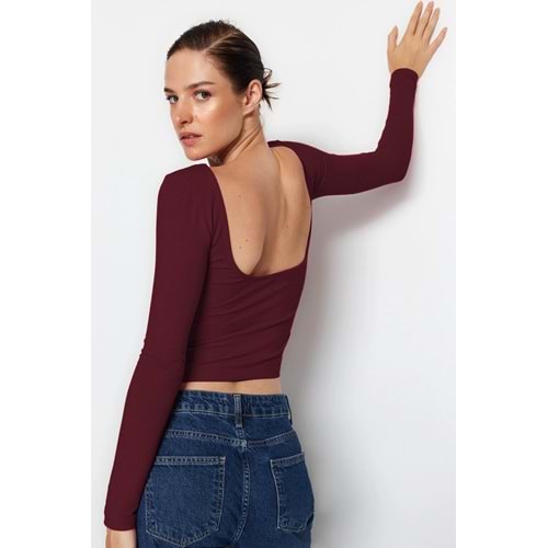 Koyu Bordo Pamuklu Sırt Dekolteli Fitted/Vücuda Oturan Esnek Örme Bluz