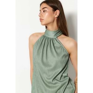Trendyolmilla Mint Regular/Normal Kalıp Dik Yaka Fit Pilise Esnek Örme Bluz