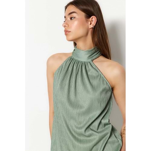 Trendyolmilla Mint Regular/Normal Kalıp Dik Yaka Fit Pilise Esnek Örme Bluz