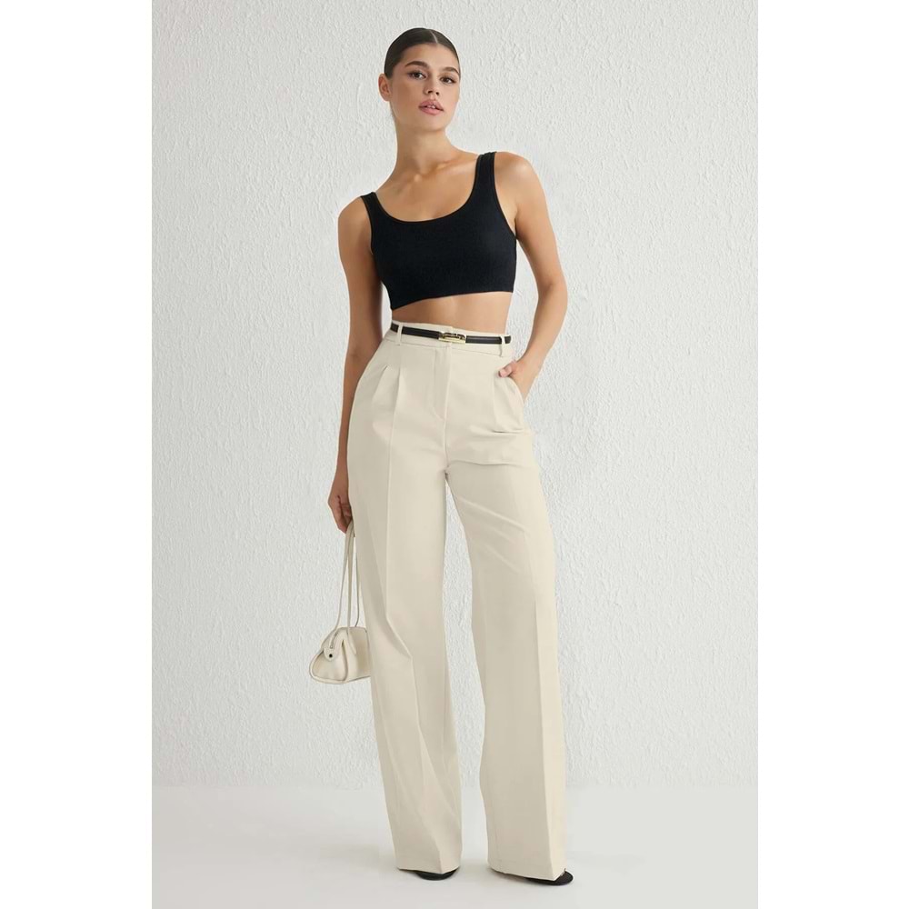 Ekru Pilili Wide Leg/Geniş Paça Dokuma Pantolon