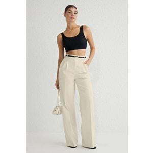 Ekru Pilili Wide Leg/Geniş Paça Dokuma Pantolon