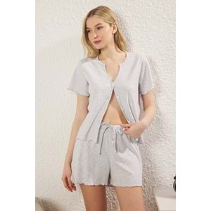 Trendyolmilla Gri Melanj Düğmeli Fitilli Şortlu Örme Pijama Takımı