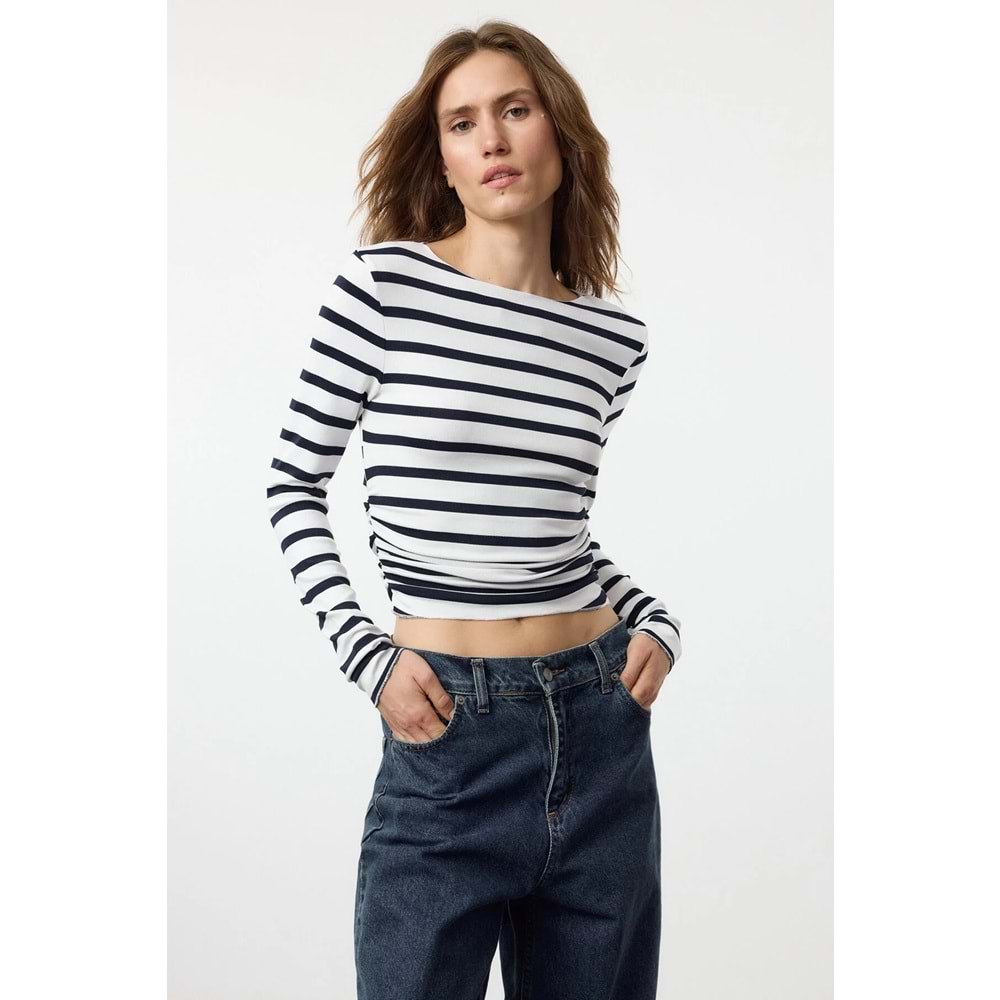 Trendyolmilla Lacivert*001 Çizgili Fitted/Vücuda Oturan Büzgü/Drape Detaylı Esnek Örme Bluz
