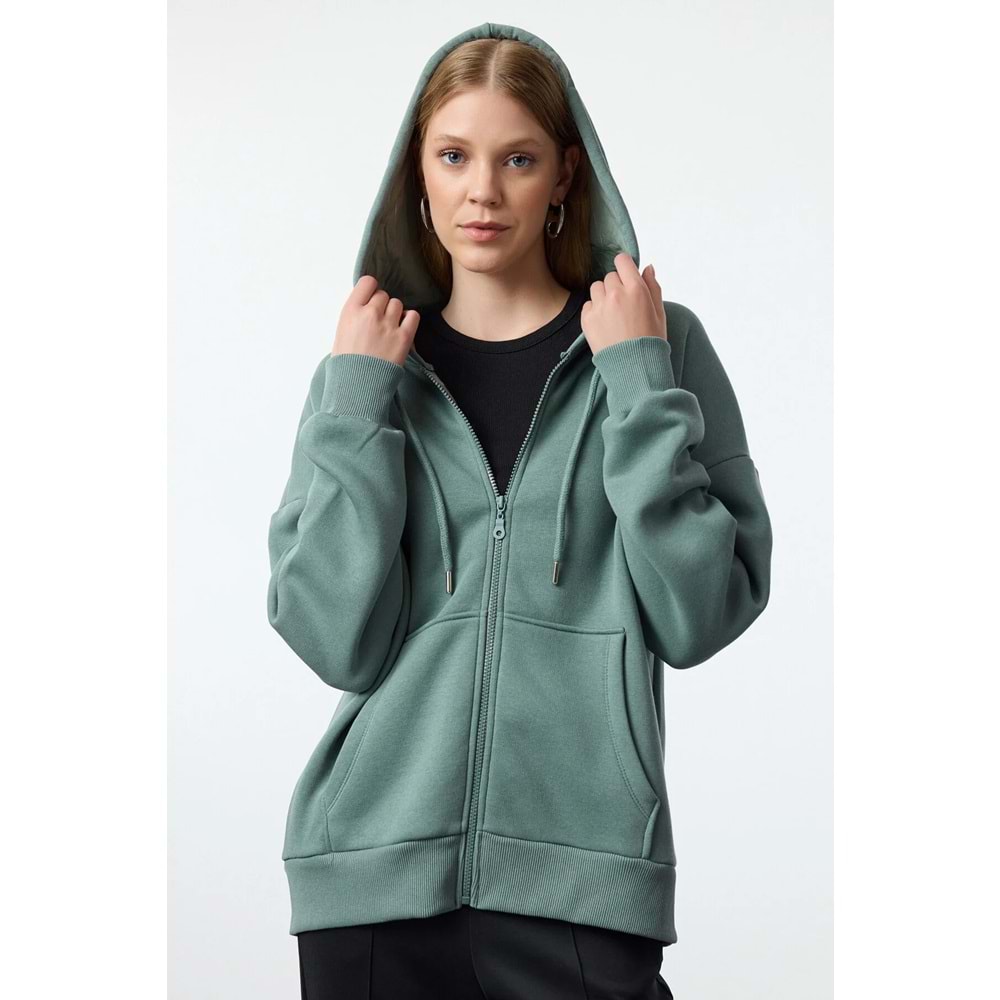 Trendyolmilla Koyu Yeşil Oversize/Rahat Kesim Fermuarlı Kalın İçi Polarlı Örme Sweatshirt