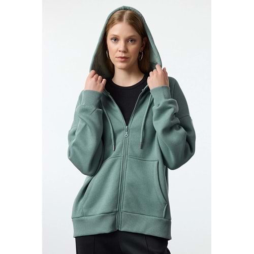 Trendyolmilla Koyu Yeşil Oversize/Rahat Kesim Fermuarlı Kalın İçi Polarlı Örme Sweatshirt
